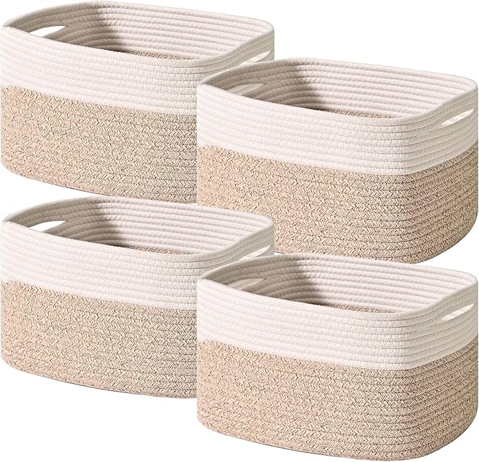 Storage Baskets for Shelves, Woven Storage Basket, Bins for Cube Storage, Cotton Rope Basket with Handles for Toy, Book, and Clothes Living Room, (4 Packs) Off White & Brown-Ruum Studio Home