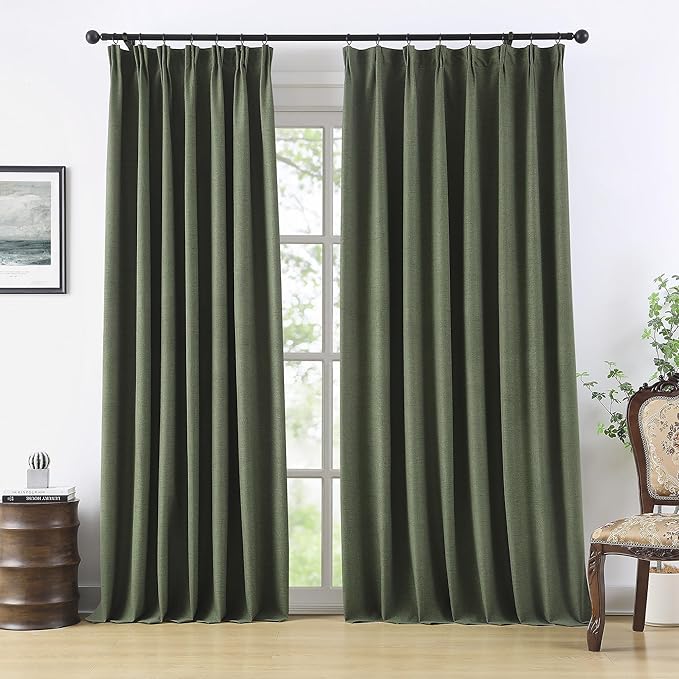 RAIN CITY Extra Wide Linen Blackout Curtains & Drapes with Hooks 70 in Width for 60&72 Inch Window 2 Panels,Back Tab Pleated Curtains for Track System Sliding Glass Door 70x96,Loden Olive Green-Ruum Studio Home