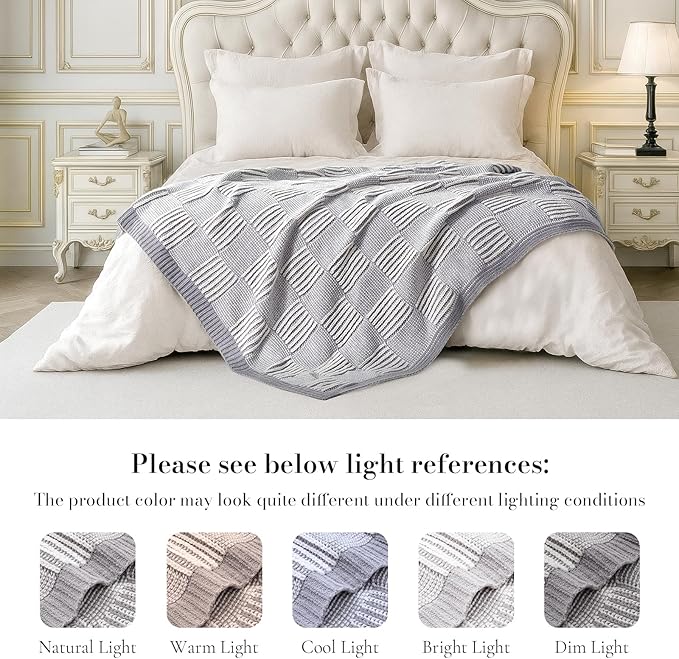 Amélie Home Chenille Knit Throw Blanket for Couch, Checkered Texture Decorative Soft Blanket for Sofa, Bed & Living Room, 50"x60", Grey & White-Ruum Studio Home