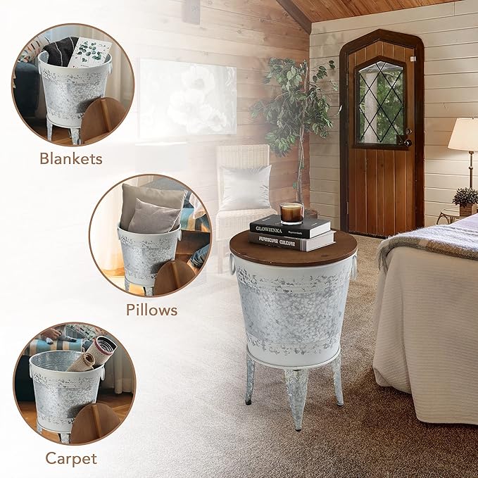 Rustic Storage Farmhouse Accent Side Table, Antique Galvanized Metal End Coffee Cocktail Table Box Bin with Round Wooden Lid Set of 2 (Distressed White)-Ruum Studio Home