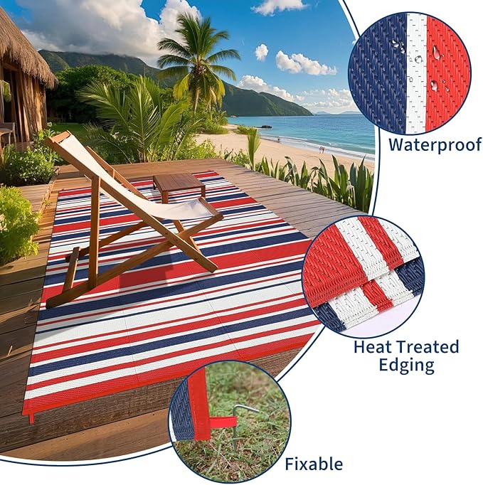 Outdoor Patio Rug 9x12 Stain-Resistant Reversible Camping Mat, Modern Striped Outdoor Plastic Straw Rug, Waterproof Outside Carpet, Easy to Clean for RV, Porch, Deck, Balcony, Red Blue White-Ruum Studio Home
