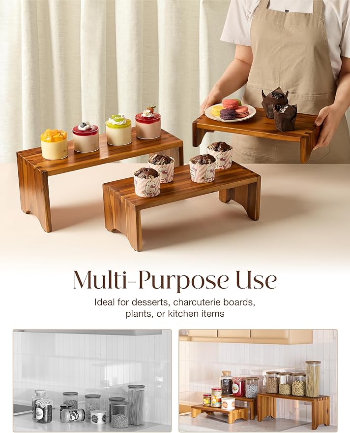 Acacia Wood Risers Display Stands Set of 3 - Wooden 3 Tier Cupcake Stand - 3 Tiered Riser for Vendors - Decorative Display Risers for Food Desserts Stand, Perfume, Funko POP at Party Wedding-Ruum Studio Home