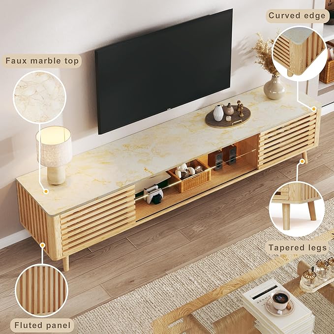 70" Mid Century Modern TV Stand for 55/65/75 Inch TV, Faux Marble Top Entertainment Center with Slatied Sliding Door & LED Lights, Low TV Console with Glass Shelves for Bedroom, Living Room-Ruum Studio Home