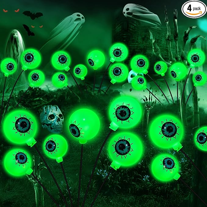 Solar Halloween Decorations, 4 Pack 24 LED Spooky Eyeball Lights, Outdoor Waterproof Solar Green Firefly Lights for Garden Yard Patio Pathway Lawn Halloween Party-Ruum Studio Home