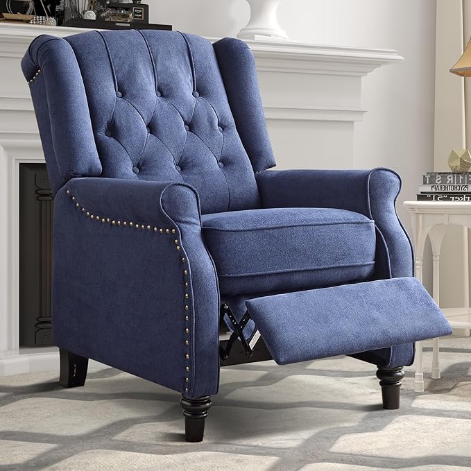 EBELLO Pushback Recliner Chair, Fabric Armchair Push Back Recliner with Rivet Decoration, Single Sofa Accent Chair for Living Room, Bedroom, Navy Blue-Ruum Studio Home