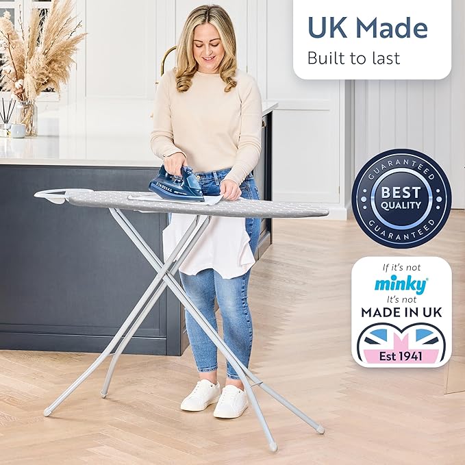 Minky Homecare Classic 4-Leg Ironing Board with Iron Rest - Freestanding Full Size Iron Board for Clothes Pressing with 43" x 14" Surface - Grey Honeycomb-Ruum Studio Home