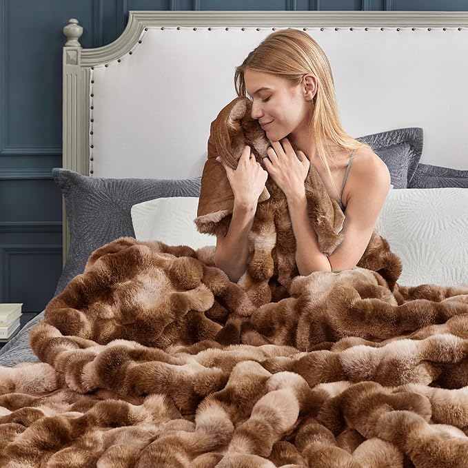 Cozy Bliss Faux Fur Throw Blanket for Couch, Fuzzy Soft Plush Thick Bubble Blanket for Sofa Bedroom Living Room, 50 * 60 Inches Tie Dye Brown-Ruum Studio Home