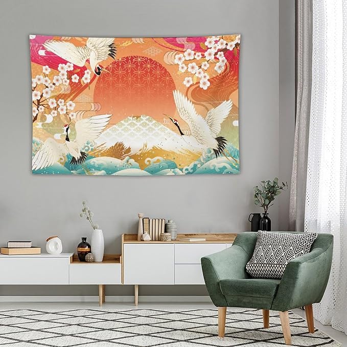 HZOHNAGO Japanese Tapestry Cherry Blossom Crane Sea Wave Fuji Mountain Red Sun Pattern Printed Wall Tapestry Painting Wall Hanging for Bedroom Living Room Dorm 90" W x 60" H-Ruum Studio Home