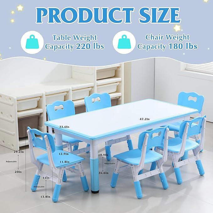 Kids Table and 6 Chairs Set with Graffiti Desktop, Toddler Furniture Set, Non-Slip, Table Children Study Desk, Dining Table, Height Adjustable Desk, Painting Desktop for Kids (47.2x23.6Inch)-Ruum Studio Home