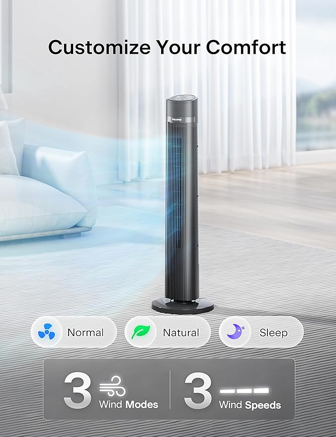 PELONIS 40 inch Bladeless Tower Fan for Bedroom, Standing Fan with Remote Control, 26ft/s, 90° Oscillation, 3 Speed Settings, 27 Db, 3 Modes, 15-Hour Timer, LED Display, Fan that Blows Cold Air, Grey-Ruum Studio Home