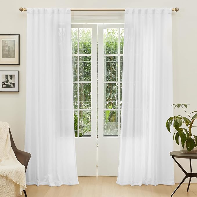 MYSKY HOME Patio White Curtains for Sliding Door, Living Room Curtains & Drapes Soft Cotton Farmhouse Window Treatments 90 inch Length 2 Panels Set Linen Look Semi Sheer Draperies, 50" W x 90" L-Ruum Studio Home