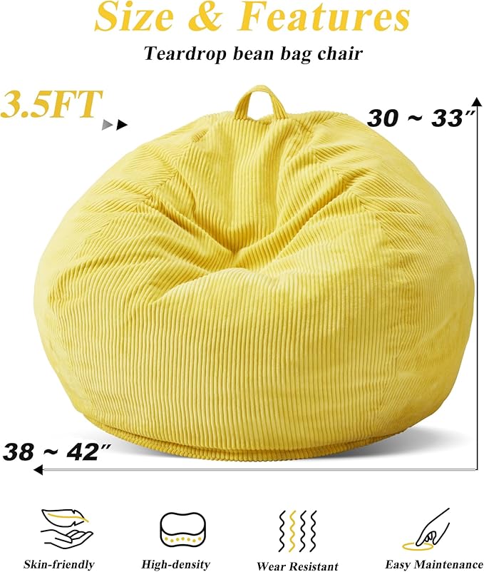 3.5FT Bean Bag Chairs Teardrop Bean Bag Chair for Adults Beanbag Chair with Memory Foam Filled Machine Washable Cover for Living Room, Bedroom (Large,Yellow)-Ruum Studio Home
