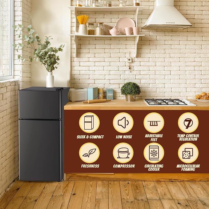 2.4 Cu.ft Mini Fridge with Freezer Compact Fridge Refrigerator Dual Door Small Fridge Senven Temp Gear Removable Shelves Dark Grey-Ruum Studio Home