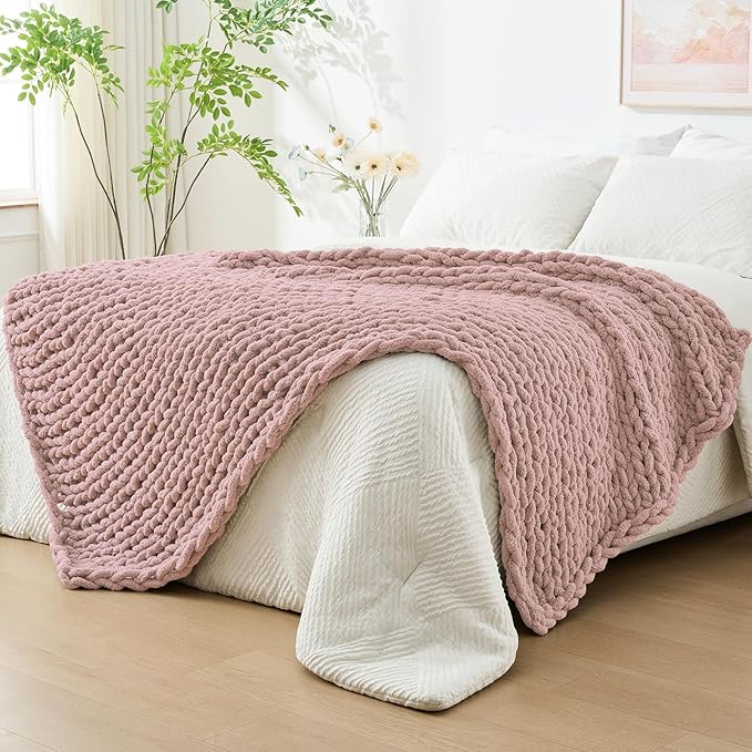 Bigacogo Chunky Knit Throw Blanket for Couch, 60x80 inches, 100% Hand Knitted with Thick Jumbo Chenille Yarn, Cozy Soft Large Rope Knot Cable Crochet Blankets for Sofa Bed Living Room, Dusty Pink-Ruum Studio Home