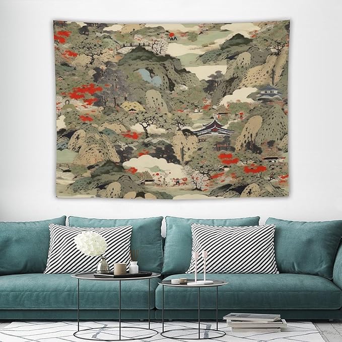 Asian Tapestry,Japanese Red Landscape Asian Watercolor Abstract Art Tapestry, Asian Japanese Wall Tapestry, Nature Landscape Tapestries for Bedroom Living Room Decor 80"x60"-Ruum Studio Home