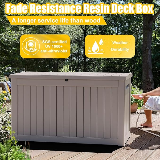 DRATO 230 Gallon Deck Box, Waterproof Resin Large Outdoor Storgae Box for Patio Furniture, Patio Cushions, Gardening Tools, Pool and Sports Supplies, Lockable-Ruum Studio Home