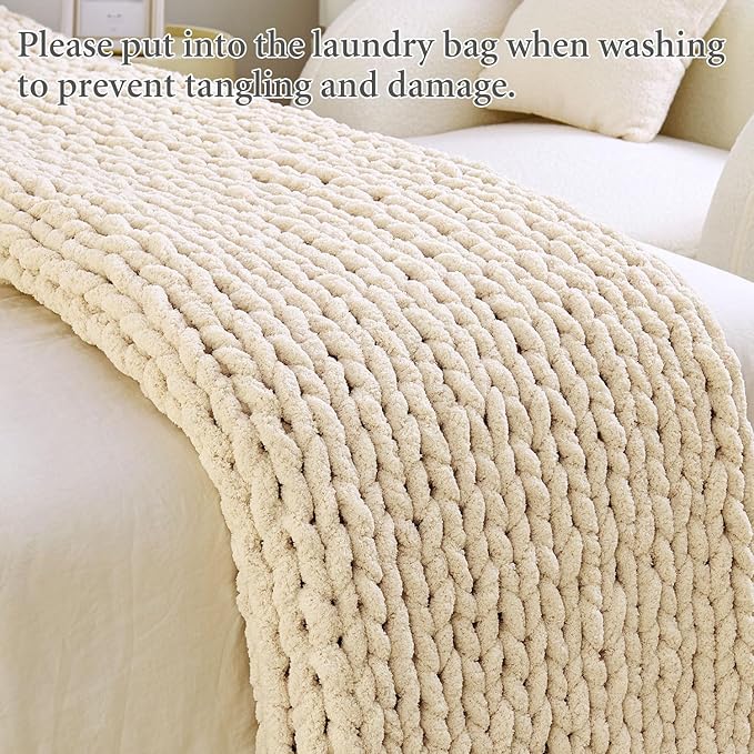 Admitrack Chunky Knit Blanket Throw 51"x63", 100% Hand Knit Chenille Throw Blanket for Sofa & Home Decor, Soft and Cozy Knitted Throw Blankets (Ivory，51"x63")-Ruum Studio Home