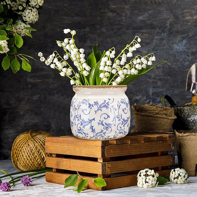 1 Pcs Vintage Planter Large Ceramic Plants Pot Blue Chinoiserie Crack Cottage Scroll Vase Flower Vase Pot Indoor Plants Home Kitchen Decor Farmhouse Antique Decorative Gift-Ruum Studio Home