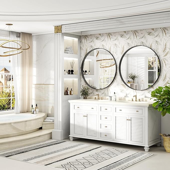 48 Inch Round Bathroom Mirror - Wall Mounted Circle Mirror with Metal Frame, Modern Mirror Suitable for Bathroom, Vanity, Entryway, Living Room, Wall Decor,Black-Ruum Studio Home