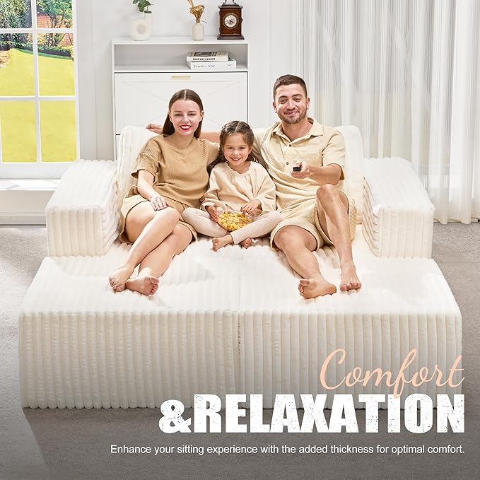 Hobestluk Modular Sectional Sofa Memory Foam Couch Sofa Bed Loveseat with Chaises Cloud Couch with Removable Cover Large Sectional Couches for Living Room (Strip White, Sofa Bed)-Ruum Studio Home