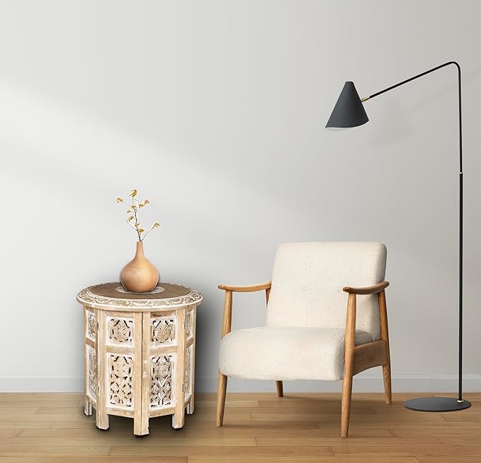 Lightnpro Hand Carved Solid Mango Wood Octagonal Accent Table - 18"×18" White Wash Farmhouse Vintage Home Décor Round End Table for Living Room, Bedroom, Entryway - Rustic Boho Side Table-Ruum Studio Home