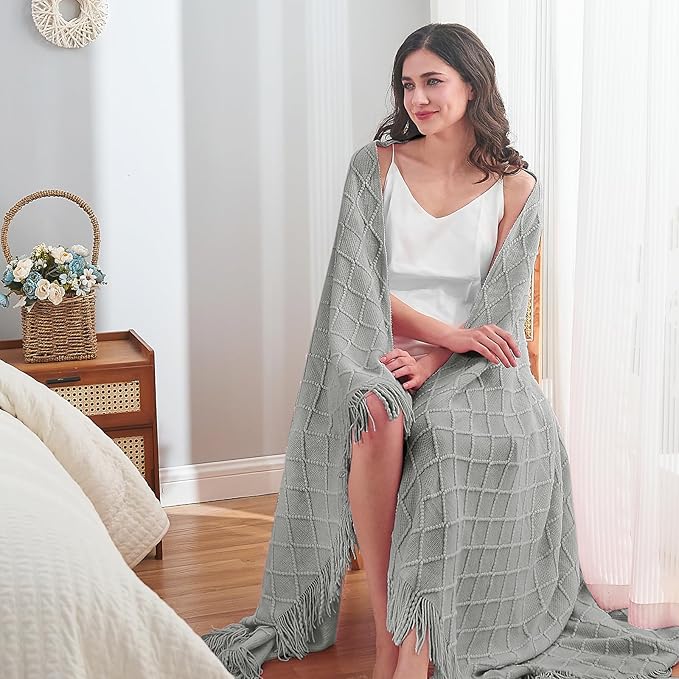 inhand Knitted Throw Blankets for Couch and Bed, Soft Cozy Knit Blanket with Tassel, Light Grey Lightweight Decorative Blankets and Throws, Farmhouse Warm Woven Blanket for Men and Women, 50"x60"-Ruum Studio Home