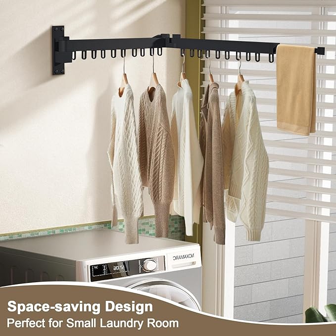 Bakala Clothes Drying Rack Foldable, Laundry Drying Rack Clothing Wall Mounted, Clothing Racks for Hanging Clothes, Heavy-duty Space Saving Hanger,Retractable,Expandable,Collapsible, 64" (Hooks,Black)-Ruum Studio Home