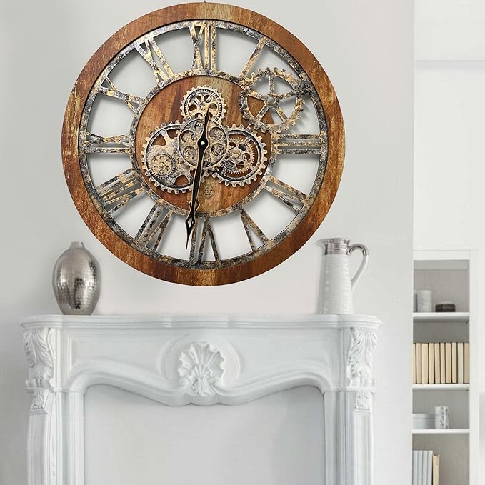 The Gears Clock The Original Real Moving Gear Wall Clock Vintage Industrial Oversized Rustic Farmhouse (24 inch (60cm), Vintage Brown)-Ruum Studio Home