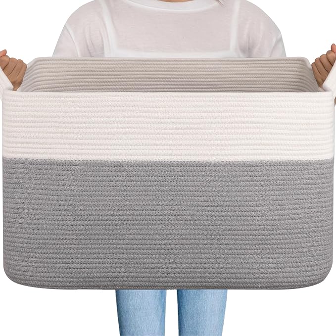OIAHOMY 95L Blanket Basket, 24”x17”x14”, Large Woven Baskets for Storage, Nursery Cotton Rope Basket with Handle, Living Room, Nursery, Bedroom,Toy Baskets Organizer Bins, Grey & White-Ruum Studio Home
