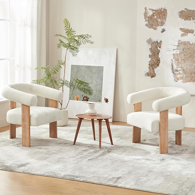 VKNOW Accent Chairs Set of 2, Modern Upholstered Living Room Chair Armchair with Solid Wood Legs, Comfy Barrel Arm Chairs for Living Room Bedroom, Cream-Ruum Studio Home
