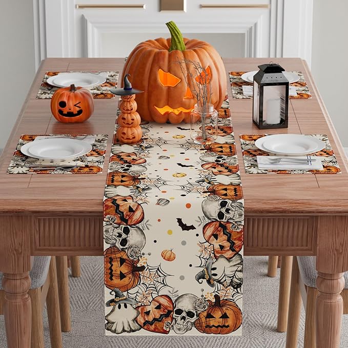 XCHI Spooky Skeleton Ghost Pumpkin Halloween Table Runner Party Table Decoration for Home Kitchen Dining Holiday Decor 13x48 Inch-Ruum Studio Home