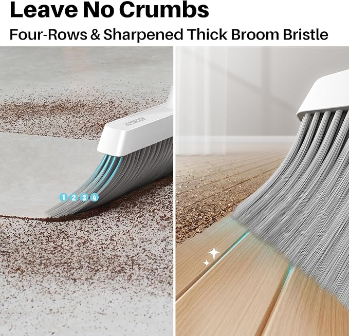 JOYMOOP White Broom and Dustpan Set, Upright Angle Design with Built-in Comb Teeth for Kitchen, Office, Pet Hair, Hard Floors-Ruum Studio Home