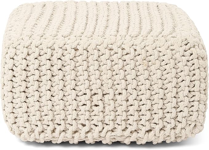 REDEARTH · Cube Low Pouf Foot Stool Ottoman - Hand Knitted Poof - Cord Boho Pouffe - Home Décor - Stuffed Footrest for Living Room - Nursery - Bedroom - Covered Patio - Room (16" x 16" x 8") - Ivory-Ruum Studio Home
