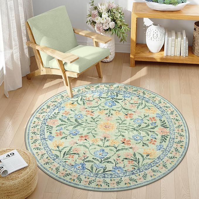 Wonnitar Washable Round Area Rug, 5ft Green Floral Round Rug Boho Soft Circle Carpet, Non Slip Low Pile Circle Accent Carpets for Kitchen Living Room Entryway Bedroom-Ruum Studio Home