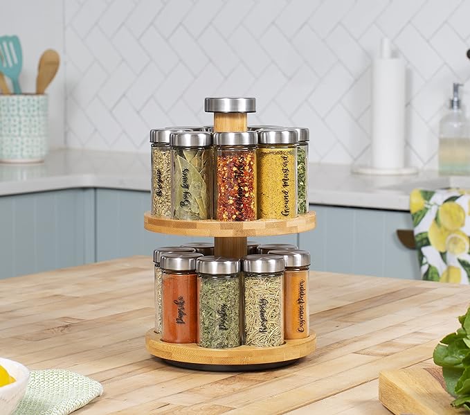 Orii 16 Jar Spice Rack with Spices Included - Rotating Countertop 2 Tier Tower Organizer for Kitchen Spices and Seasonings, (Bamboo Wood)-Ruum Studio Home
