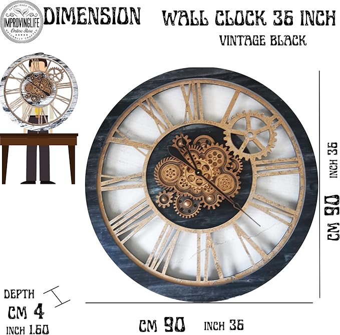 The Gears Clock 36'' Inch Real Moving Gear Wall Clock Vintage Industrial Oversized Rustic Farmhouse (Vintage Black Wood and Bronze)-Ruum Studio Home