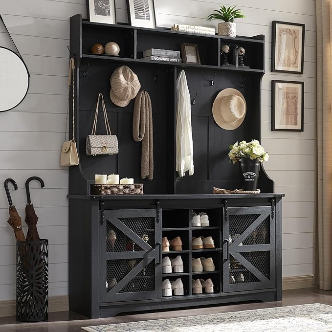 JXQTLINGMU 59" Farmhouse Hall Tree with Shoe Storage, Entryway Bench with 20 Cubbies, 12 Hooks & Sliding Barn Doors, Mudroom Coat Rack Cabinet, Black-Ruum Studio Home