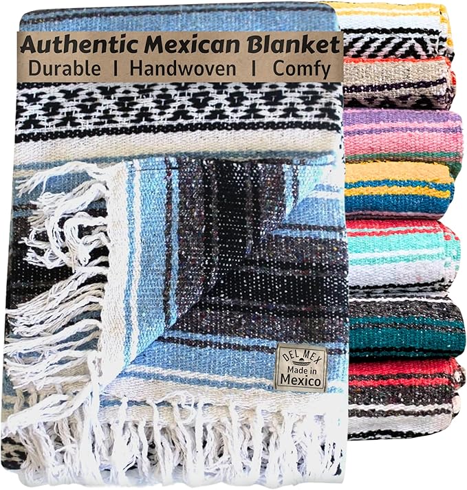 Del Mex Classic Mexican Blanket, Large Authentic Woven Falsa Throw (70"x50"), Artisan Southwest Décor for Beach, Yoga, Outdoors (Light Blue)-Ruum Studio Home