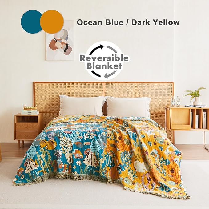 MSGKV Throw Blanket for Couch Cotton Muslin Breathable Cute Ocean Animals Blanket 50"x60" Sofa Chair Blankets for All Seasons Lightweight Farmhouse Blankets Home Decor-Ruum Studio Home