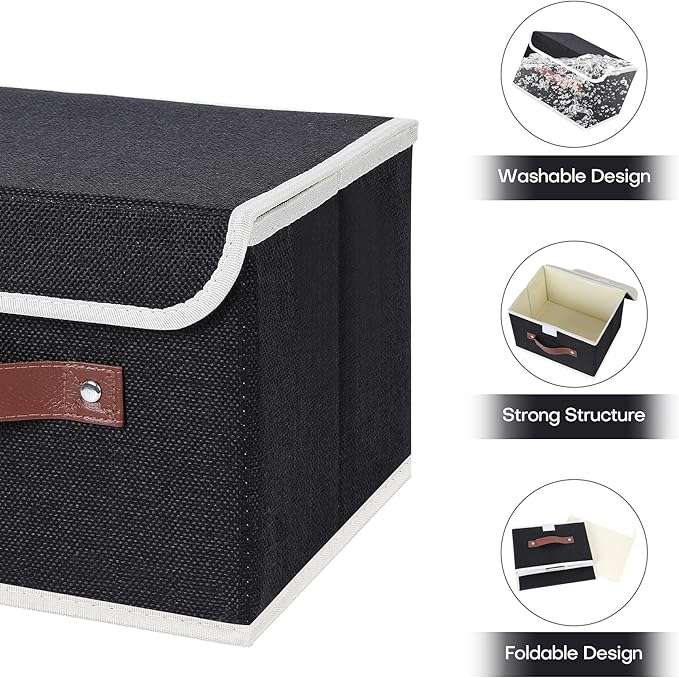 ANMINY Storage Bin with Lid Storage Boxes with PU Leather Handles PP Plastic Board Decorative Foldable Lidded Cotton Linen Fabric Home Cubes Baskets Closet Organizer Container - Black, Small Size-Ruum Studio Home