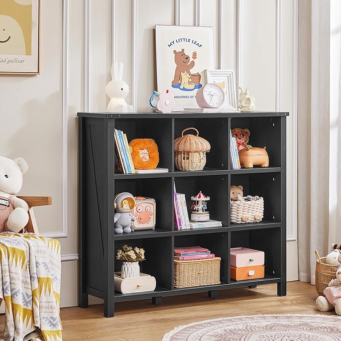 9 Cube Bookcase, Farmhouse 47 Inch Wide Black Bookshelf, Wooden 3 Tier Display Large Open Book Shelf, Vintage Horizontal Book Case for Home Office, Cubby Storage Cabinet for Living Room-Ruum Studio Home