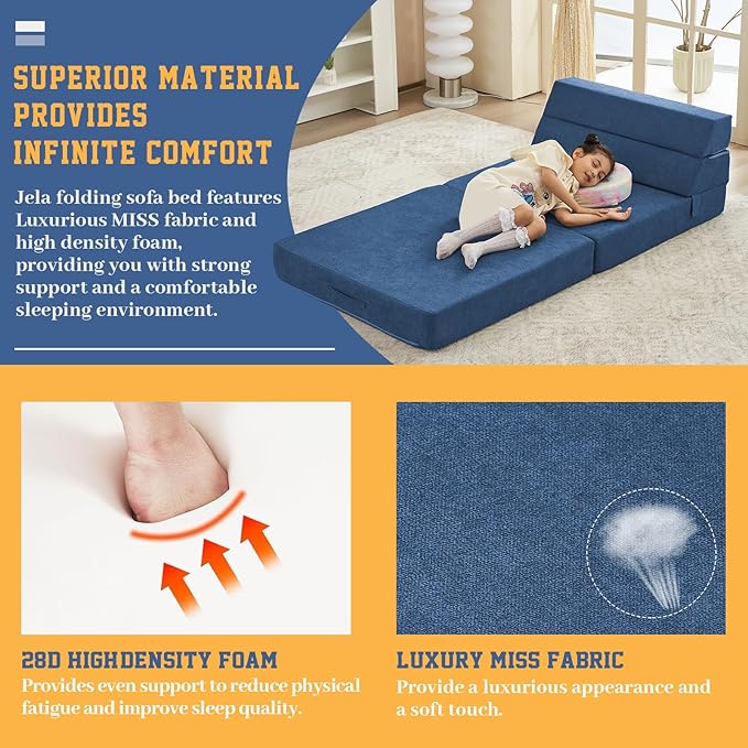jela Foldable Sofa Bed Soft Foam Convertible Sleeper Chair Luxury Miss Fabric Fold Out Chair Bed Floor Couch with Back Support Floor Sofa for Living Room Bedroom (83"x33",Navy)-Ruum Studio Home