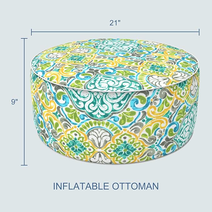 LVTXIII Inflatable Stool Ottoman Footrest with Handle, All Weather Foot Rest, Indoor or Outdoor Use for Home Patio Garden and Camping, D21 x H9, Damask Green-Ruum Studio Home