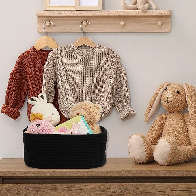 Small Woven Storage Baskets 12“X8”X5“ Decorative Rope Bins for Organizing Shelves, Closets, and Toys, Empty Gift Baskets, Cute Organizer Basket for Home and Office (black, regular)-Ruum Studio Home