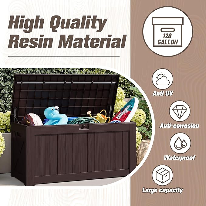 JUMMICO 120 Gallon Resin Deck Box, Large Outdoor Storage Box Waterproof & Lockable for Garden, Patio, Pools (Deep Brown)-Ruum Studio Home