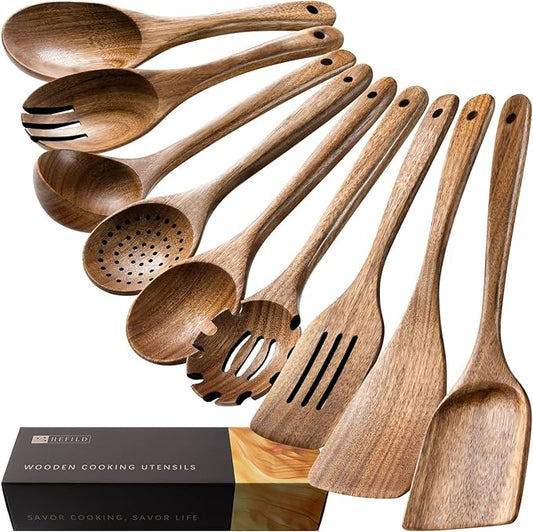 Wooden Spoons for Cooking, Nonstick Cooking Utensil Set with 9 Piece Acacia Wooden Spatulas and Spoons for Cooking, Terrific for Everyday Kitchen Tasks-Ruum Studio Home
