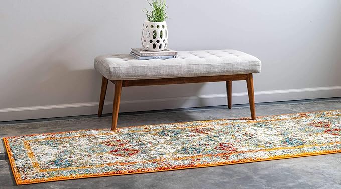 Unique Loom Rosso Collection Vintage, Traditional, Bohemian, Geometric, Distressed, Southwestern Area Rug (2' 7 x 10' 0 Runner, Beige/Orange)-Ruum Studio Home