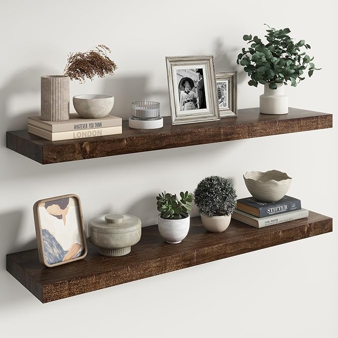 RICHFOCUS Elm Floating Shelves for Wall - 40" W x 9.3" D Rustic Solid Wood Shelves with Invisible Bracket, Wall-Mounted for Living Room, Bedroom, Kitchen Storage & Display, Set of 2, Walnut-Ruum Studio Home