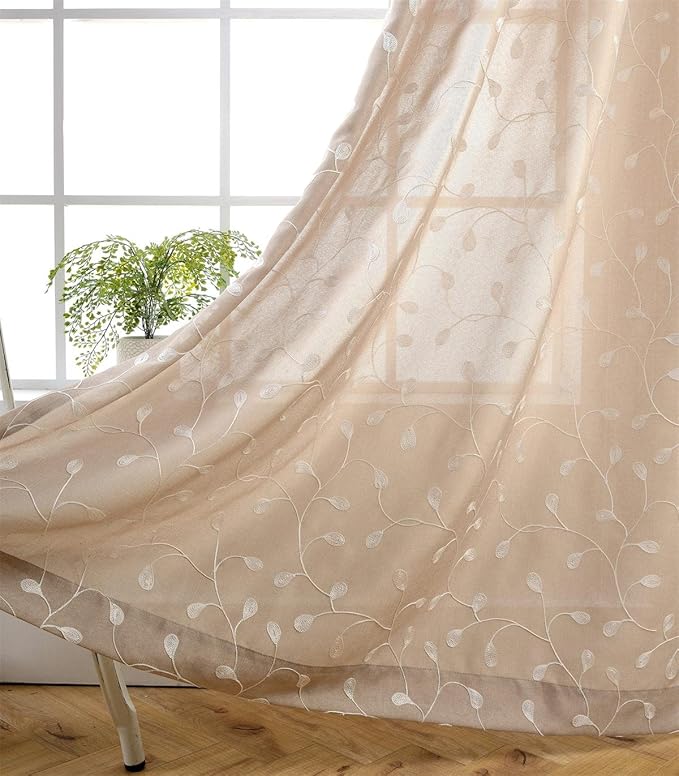 MIUCO Floral Embroidery Semi Sheer Curtains Faux Linen Grommet Window Curtains for Bedroom 52 x 63 Inch 2 Panels, Linen-Ruum Studio Home