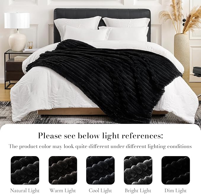 Amélie Home Faux Fur Throw Blanket for Couch, Cozy Fuzzy Fluffy Fur Luxurious Soft Striped Plush Gift Blankets for Family Sofa Chair Bed Living Room Bedroom, 55"x70", Black-Ruum Studio Home